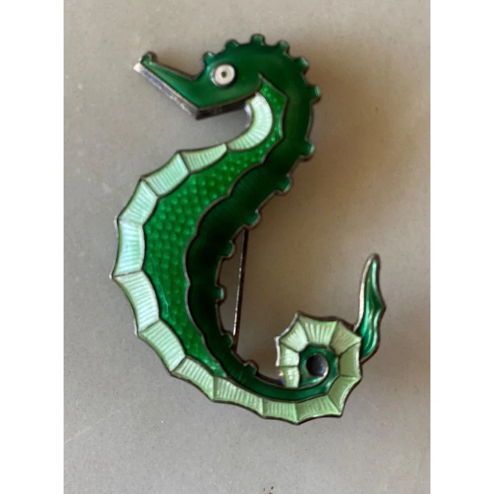DAVID ANDERSEN Norway 925 Sterling Gilt & Enamel Seahorse Brooch Green Authentic